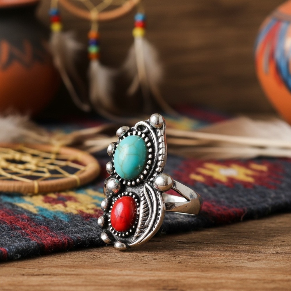 Turquoise and Red cabochon Ring Native American